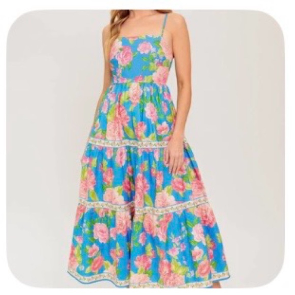 Flying Tomato DAYLIGHT MUSE WOVEN MIDI ~ Blue and Pink Floral Dress ~ size L